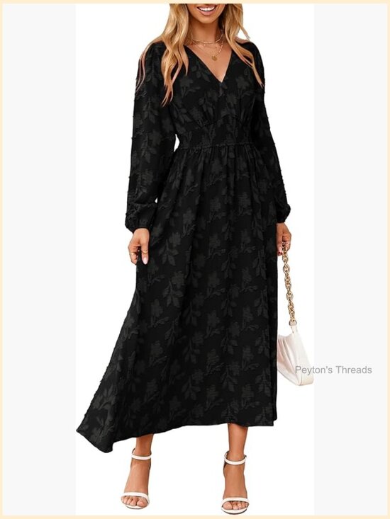 Dresses & Skirts - Boho Floral Long Sleeve Maxi Dress V-Neck Empire Waist with Pockets